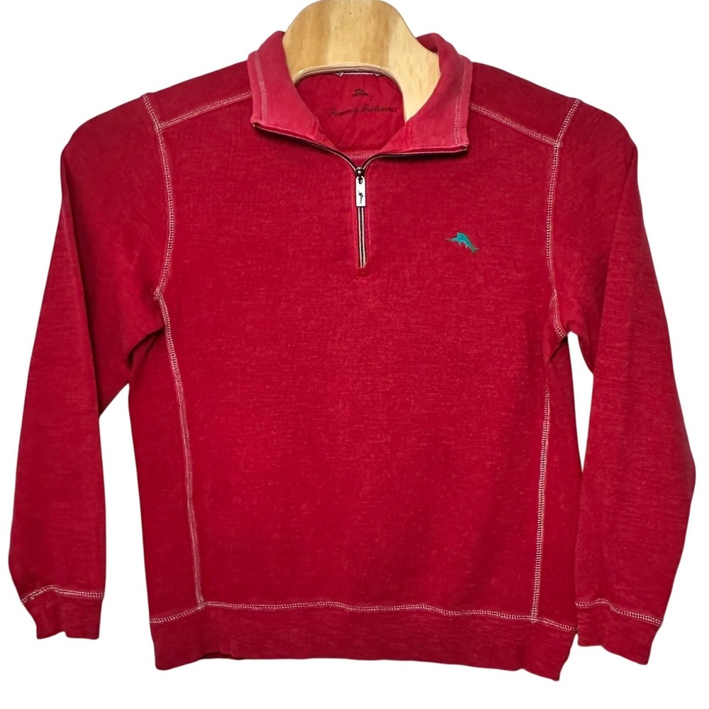Tommy Bahama Mens Sz Medium Red Quarter Zip Pullover Sweater‎ Pima Cotton Tencel - Picture 3 of 16
